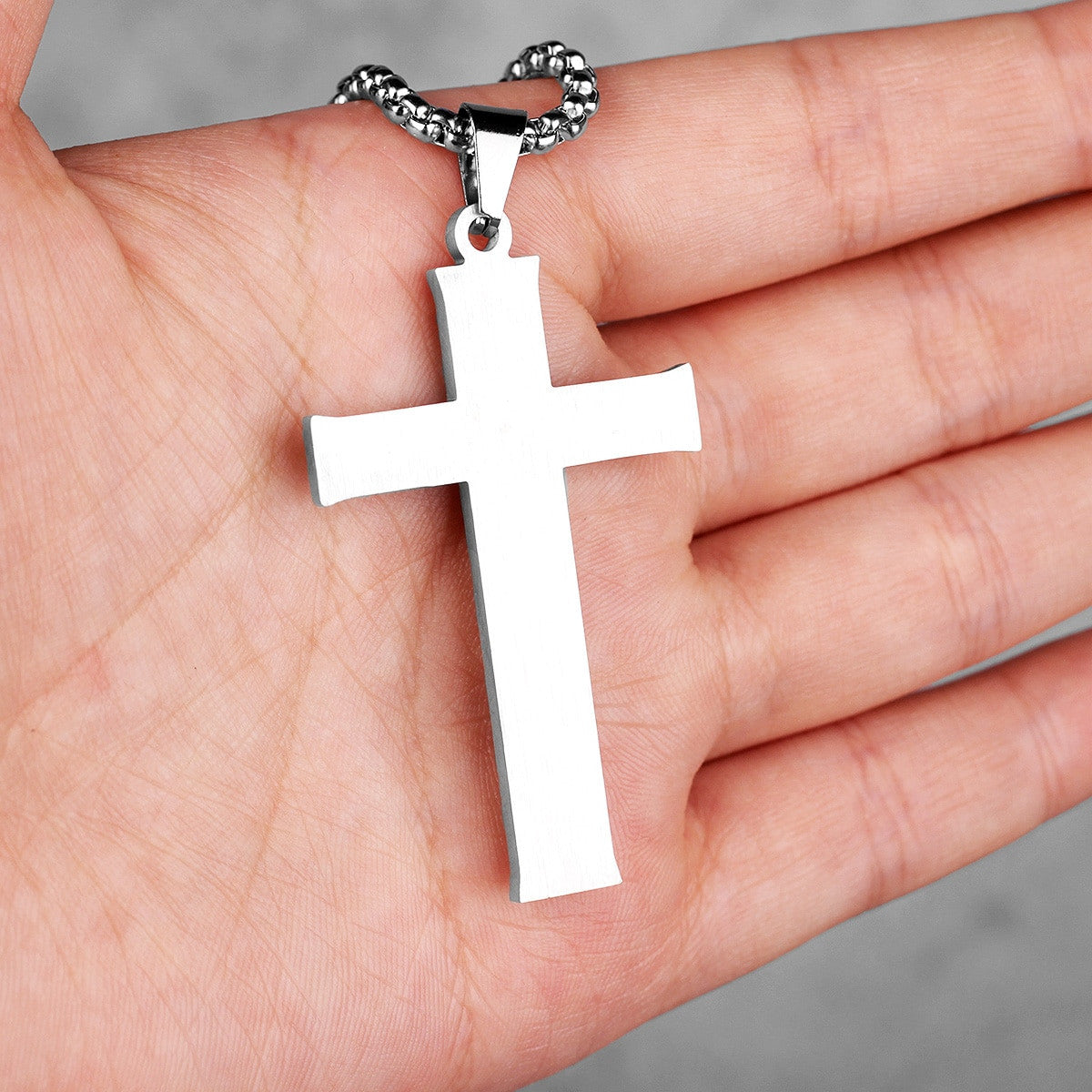 Square Cut Mens No Fade Stainless Steel Spanish Prayer Cross Pendant Chain