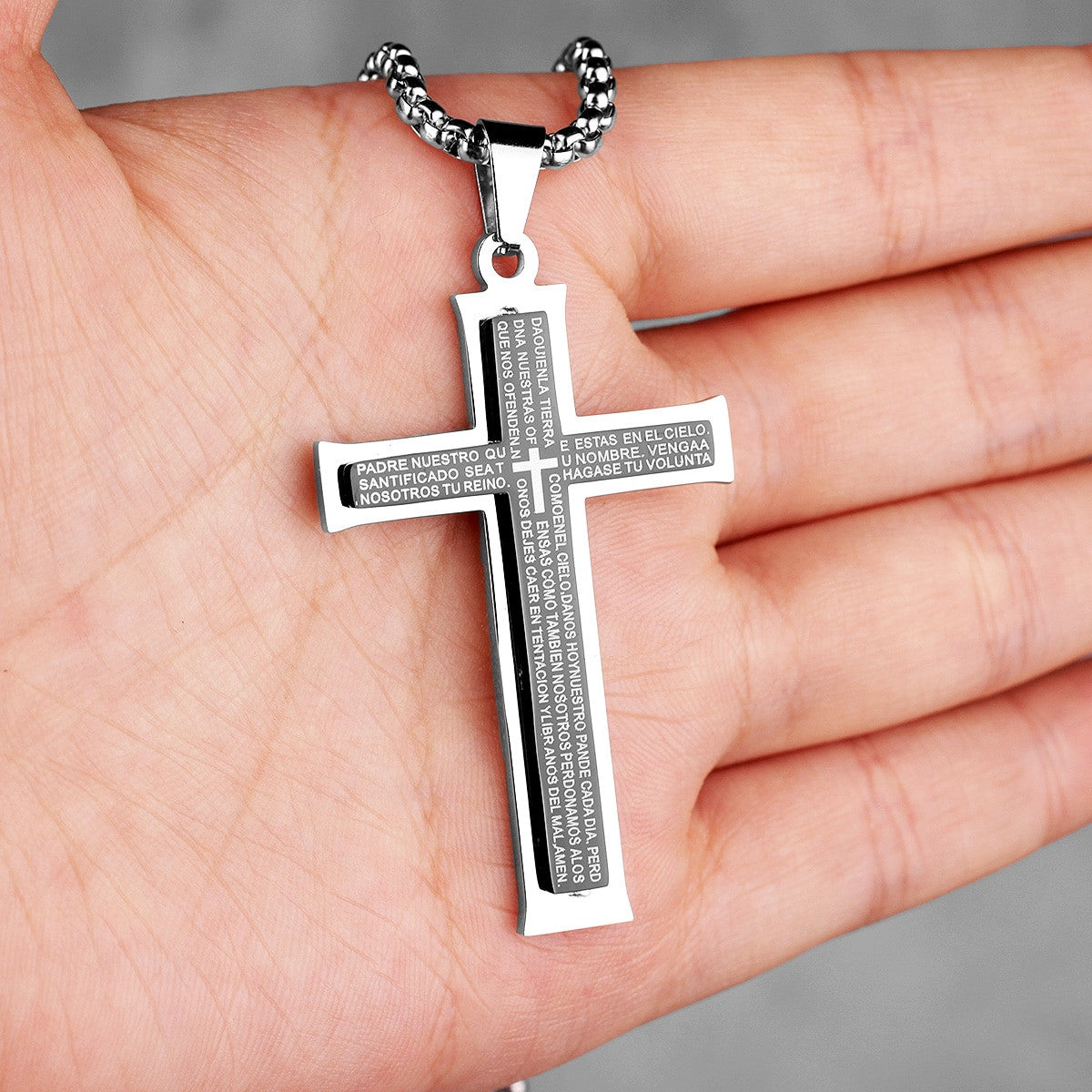 Square Cut Mens No Fade Stainless Steel Spanish Prayer Cross Pendant Chain