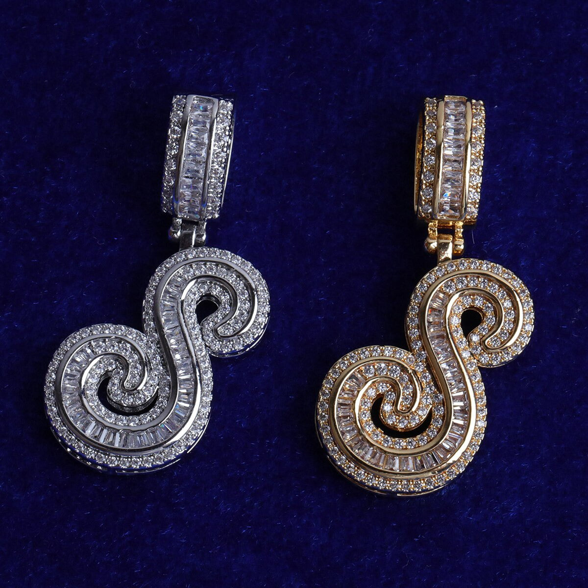 Street Melody | White Yellow Gold Iced Cursive Initial Letter Baguette Pendant Chain