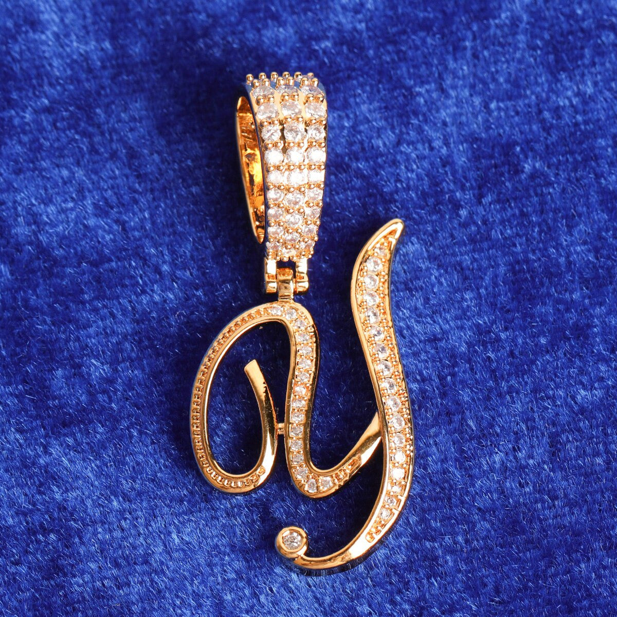 24k Gold .925 Silver 5A Simulate Diamond Cursive Letter Bling Bling Chain Necklace