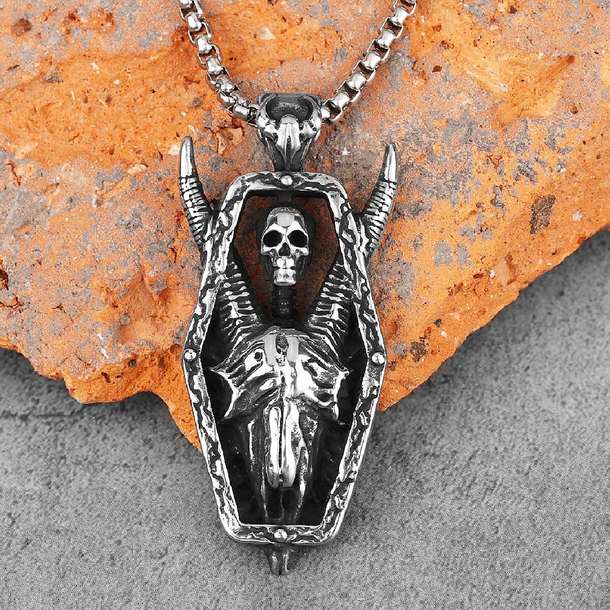 Infernal Horns | No Fade Stainless Steel Long Horned Demon Skull Trophy Pendant