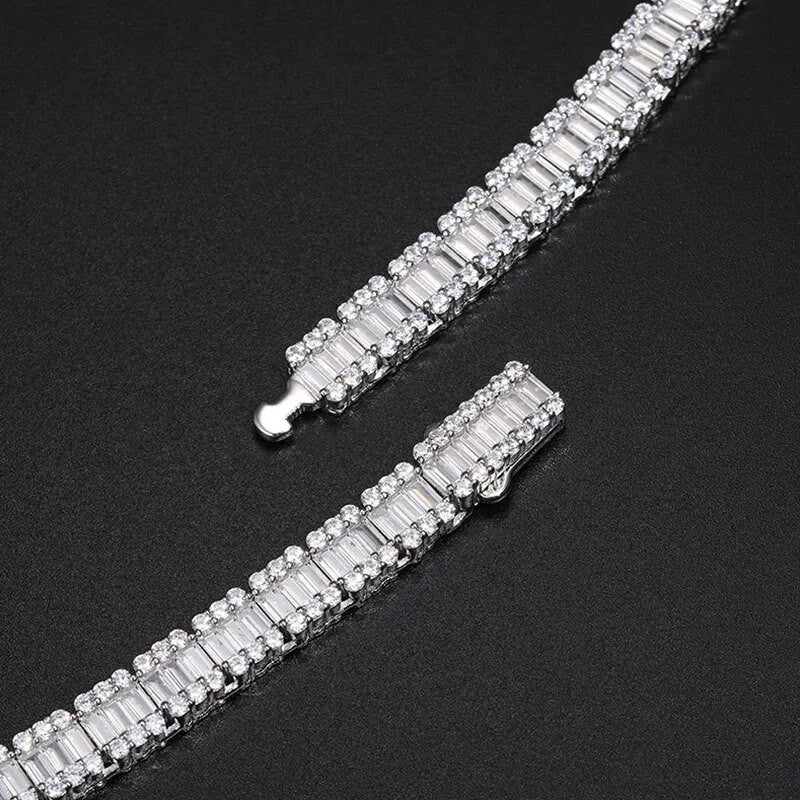Hip Hop Luxury Square Baguette Solid Silver Moissanite VVS Diamond Tennis Chain Bracelet Set