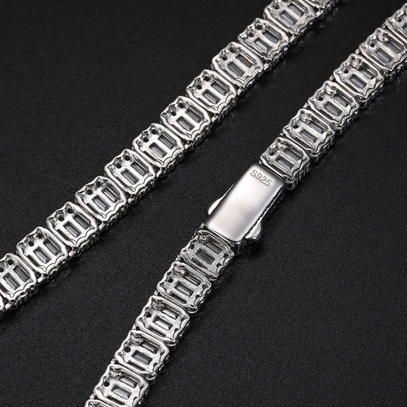 Hip Hop Luxury Square Baguette Solid Silver Moissanite VVS Diamond Tennis Chain Bracelet Set