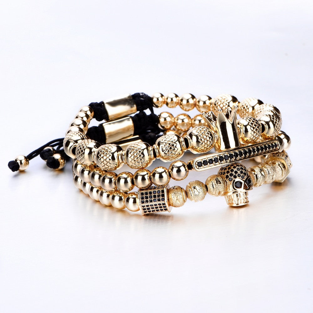 Mens Simulate Diamond Pave Stone Gold Ice Skull Crown Beaded Luxury Bracelets