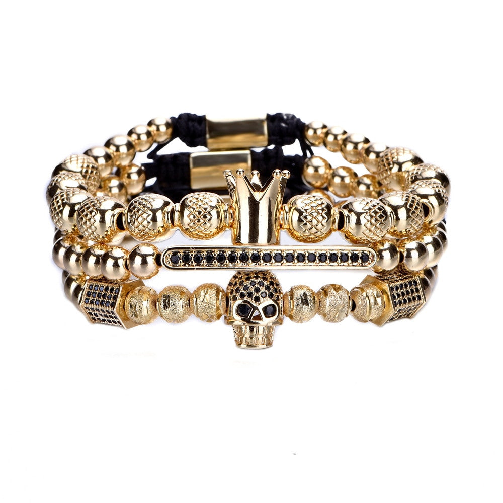 Mens Simulate Diamond Pave Stone Gold Ice Skull Crown Beaded Luxury Bracelets