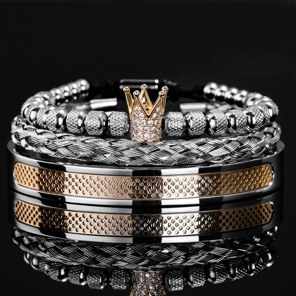 Mens No Fade Stainless Steel 3 Piece Luxury Braided Beaded 316L Bracelet Set