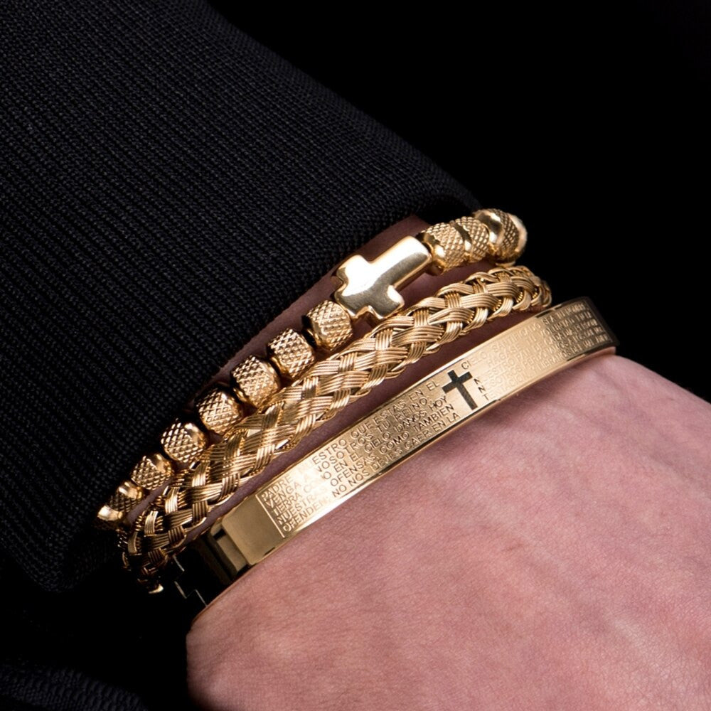 Mens Luxury 14k Gold Stainless Spanish Prayer Cross Hip Hop Beads Bracelet Set