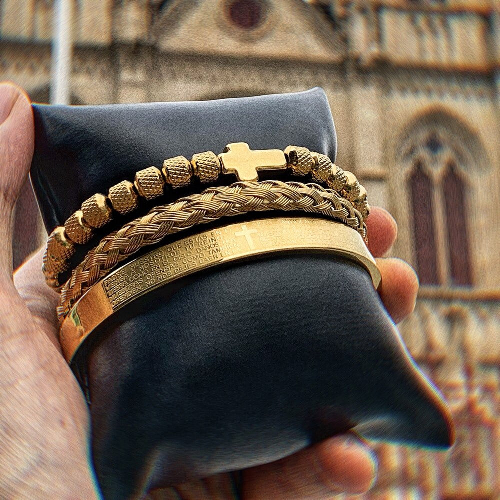 Mens Luxury 14k Gold Stainless Spanish Prayer Cross Hip Hop Beads Bracelet Set