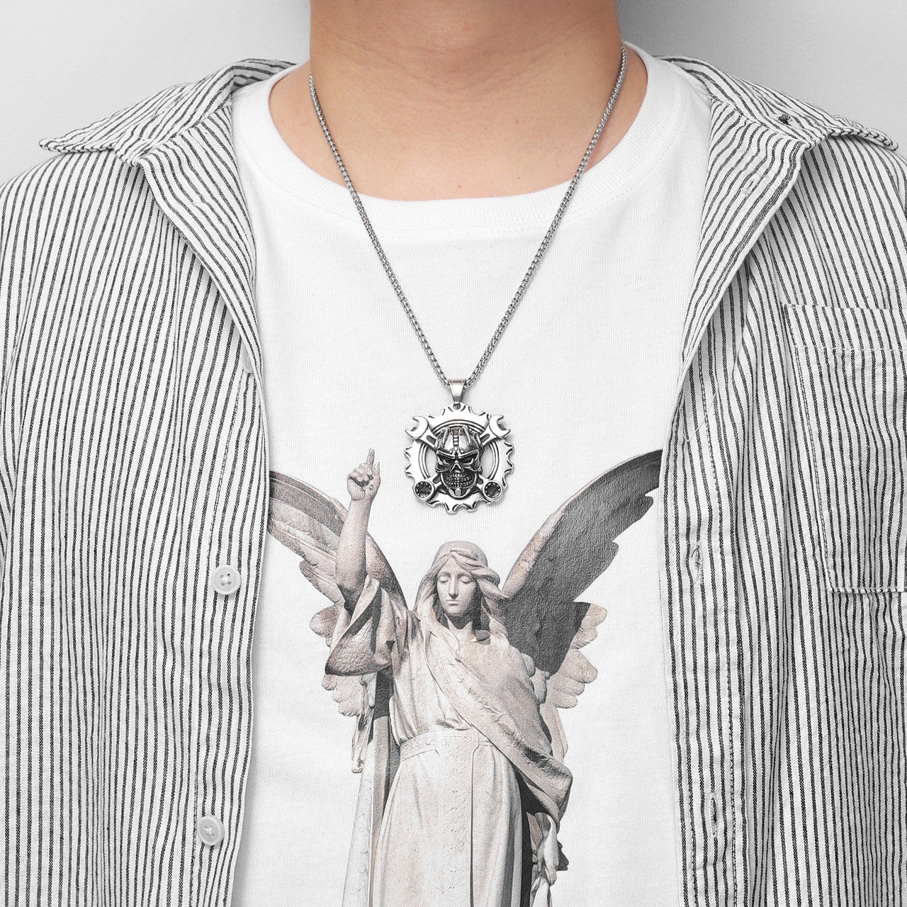 Grease Monkey Mechanical Wrench No Fade Stainless Steel Biker Boy Skull Pendant