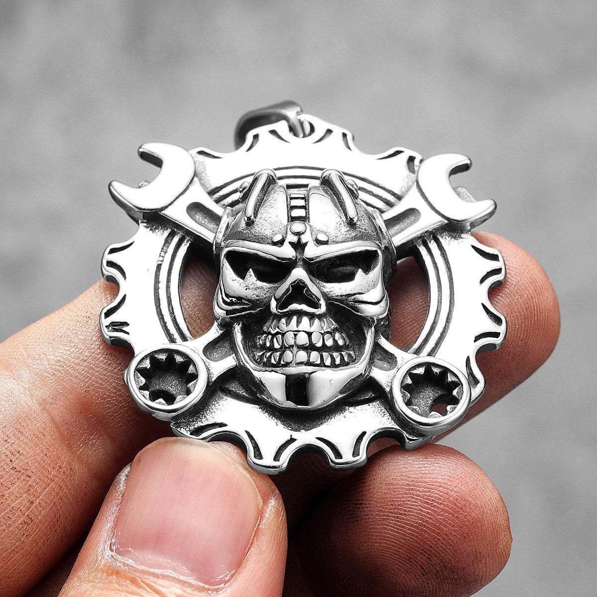 Grease Monkey Mechanical Wrench No Fade Stainless Steel Biker Boy Skull Pendant