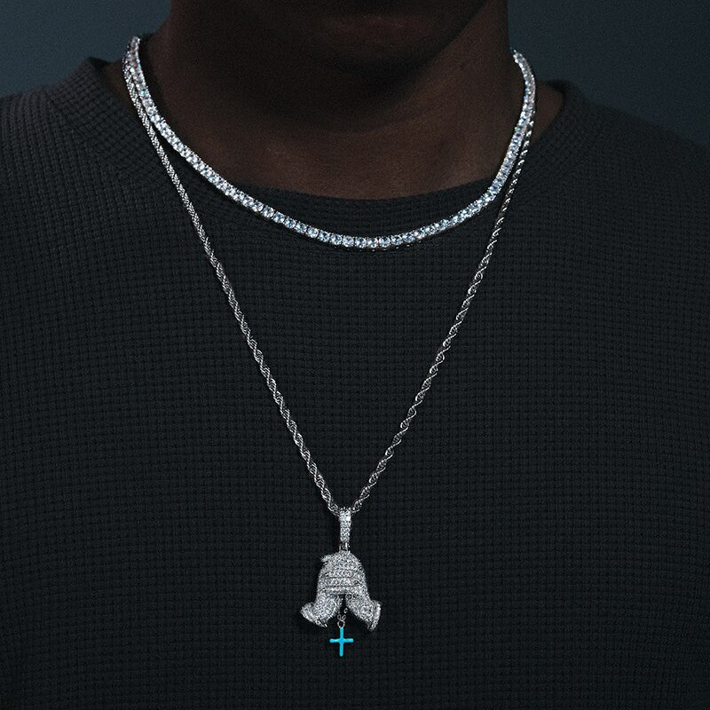 Mens Hip Hop Genuine VVS Diamond Solid Sterling Silver Prayer Hands Cross Pendant