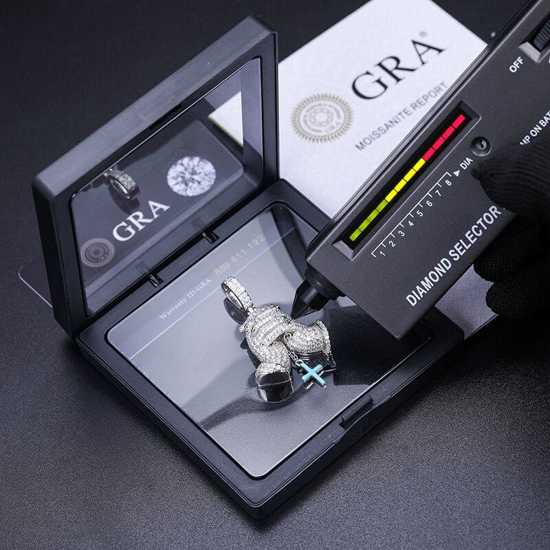 Mens Hip Hop Genuine VVS Diamond Solid Sterling Silver Prayer Hands Cross Pendant