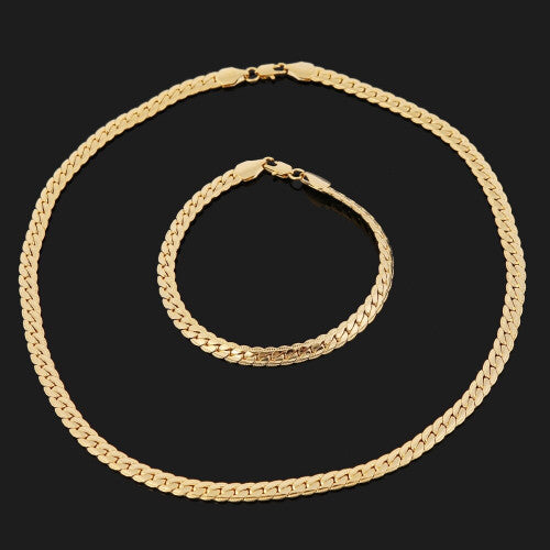 24k Gold 7mm Cuban Link Snake Chain Necklace Bracelet Combo Set
