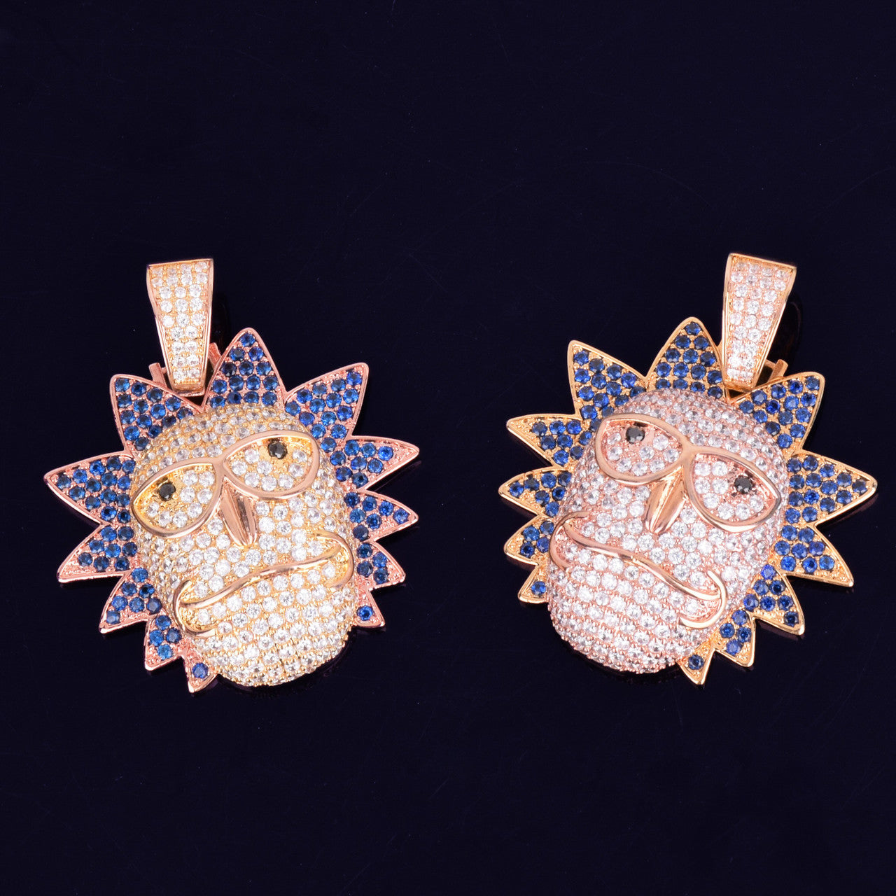 18k Gold Rose Gold Micro Pave Flooded Ice Morty Face Hip Hop Pendant Chain Necklace