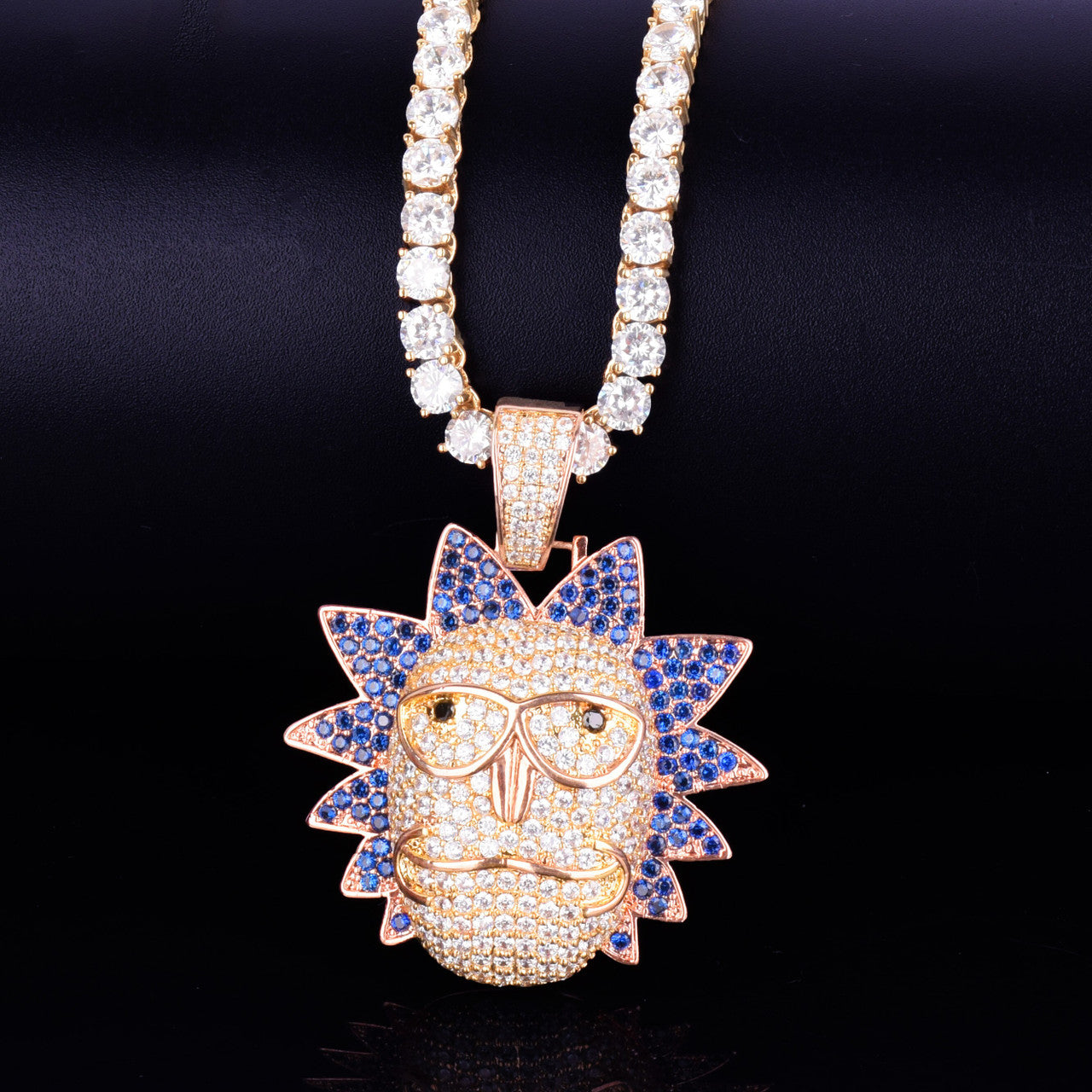 18k Gold Rose Gold Micro Pave Flooded Ice Morty Face Hip Hop Pendant Chain Necklace