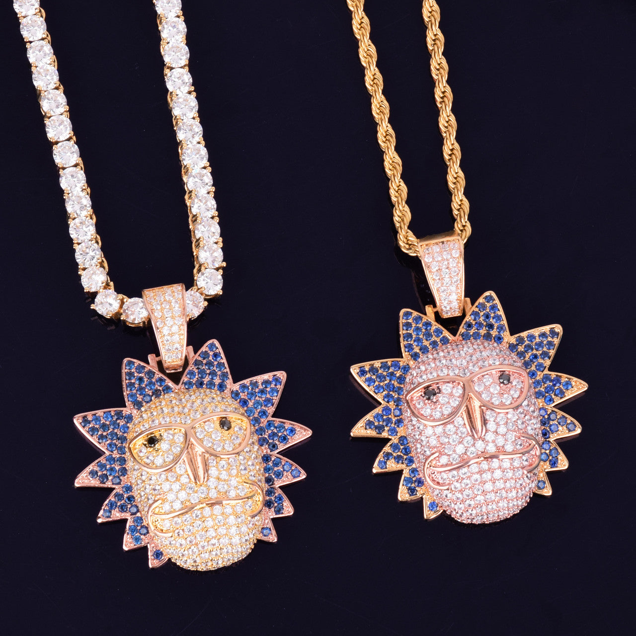 18k Gold Rose Gold Micro Pave Flooded Ice Morty Face Hip Hop Pendant Chain Necklace