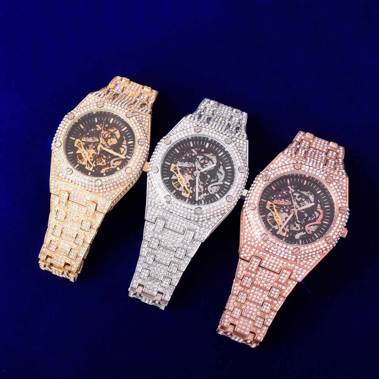 18k .925 Silver Rose Gold Men's Mechanical Dial Luxury Fully Iced Wrist Watch