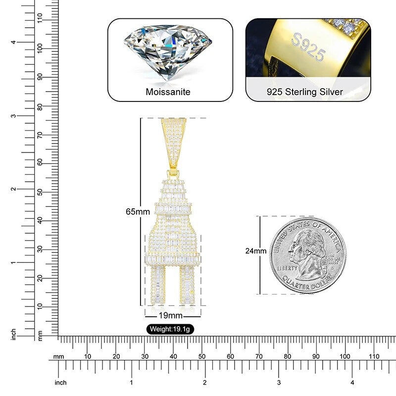 The Plug | Baguette Iced Blinged Out Moissanite Diamond Solid Silver Power Plug Pendant