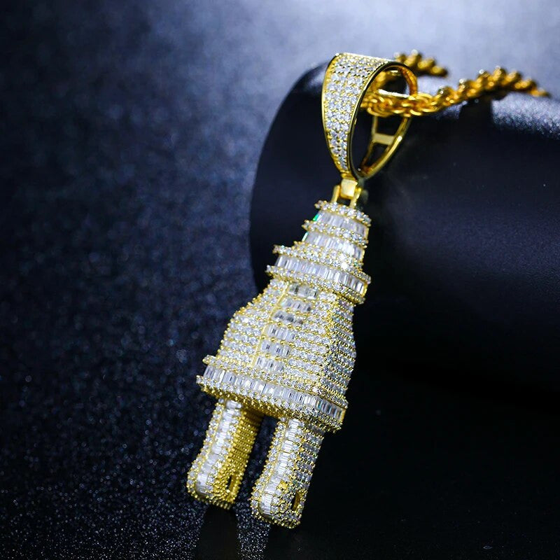 The Plug | Baguette Iced Blinged Out Moissanite Diamond Solid Silver Power Plug Pendant