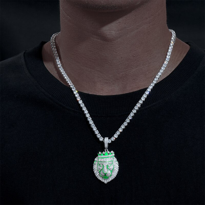 Mens Iced Alpha Lion Genuine VVS Lab Diamond Glow in the Dark Solid 925 Hip Hop Chain