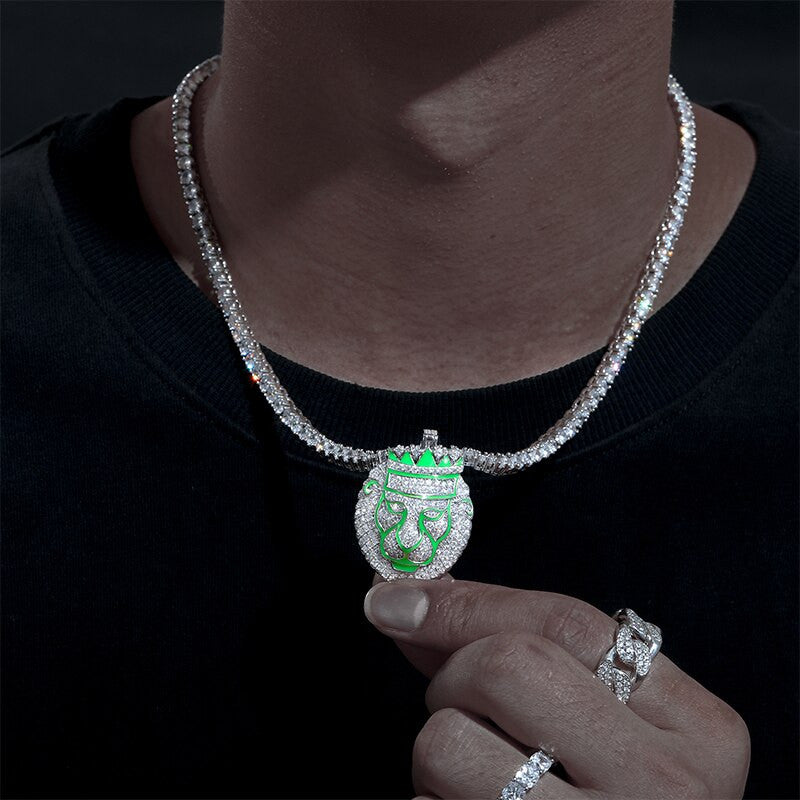 Mens Iced Alpha Lion Genuine VVS Lab Diamond Glow in the Dark Solid 925 Hip Hop Chain