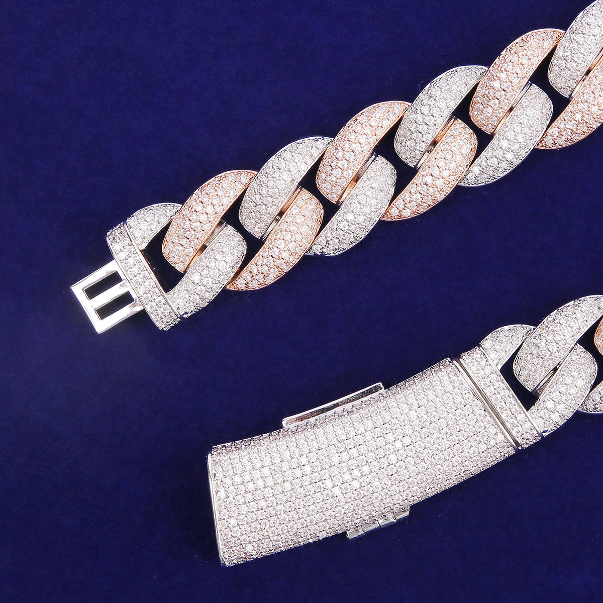 Rose & White Gold Flooded Iced Clasp 20mm Hip Hop Two Tone Miami Cuban Link Chain Necklace