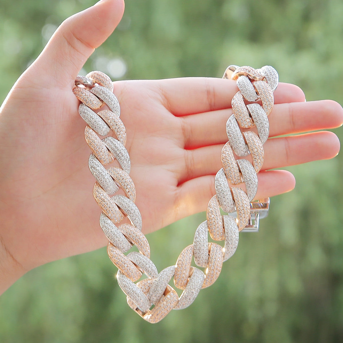 Rose & White Gold Flooded Iced Clasp 20mm Hip Hop Two Tone Miami Cuban Link Chain Necklace