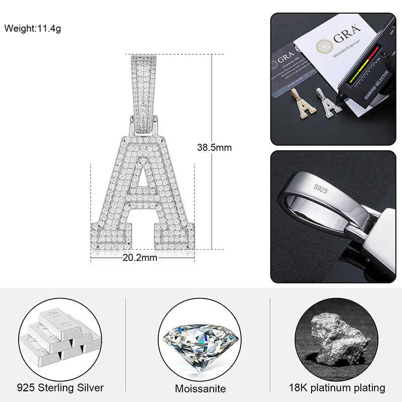 Mens Genuine VVS Diamond Solid 925 Sterling Silver Initial Letter Hip Hop Pendants