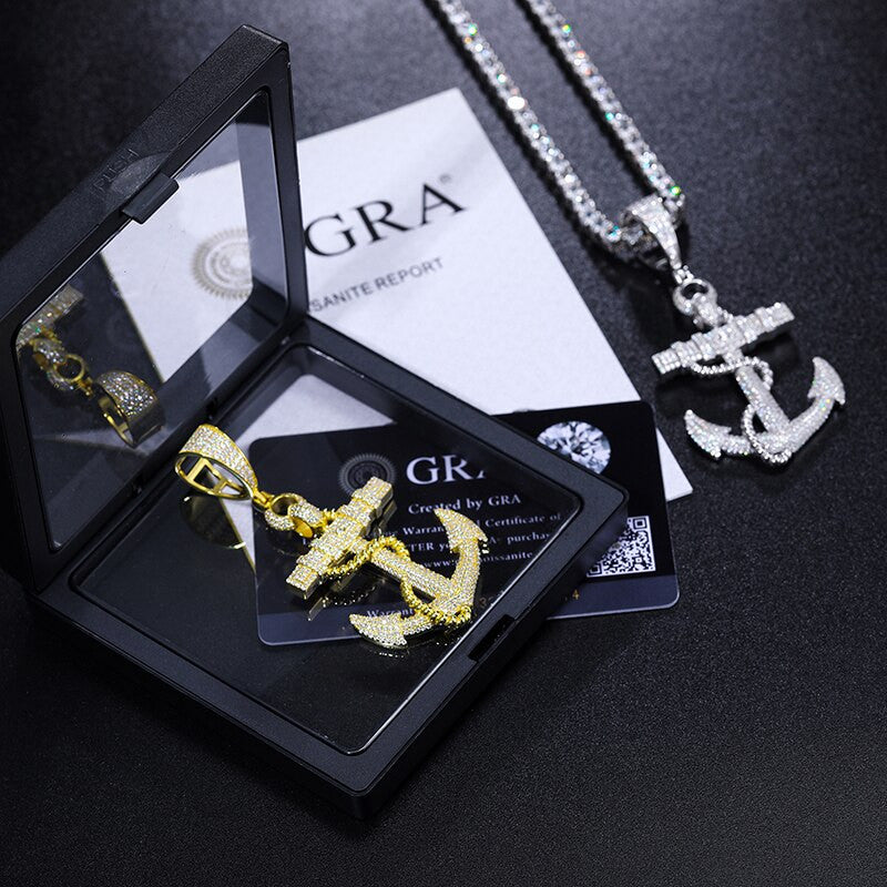Mens Flooded Ice VVS Diamond Solid 925 Silver Hip Hop Anchor Chain Pendant
