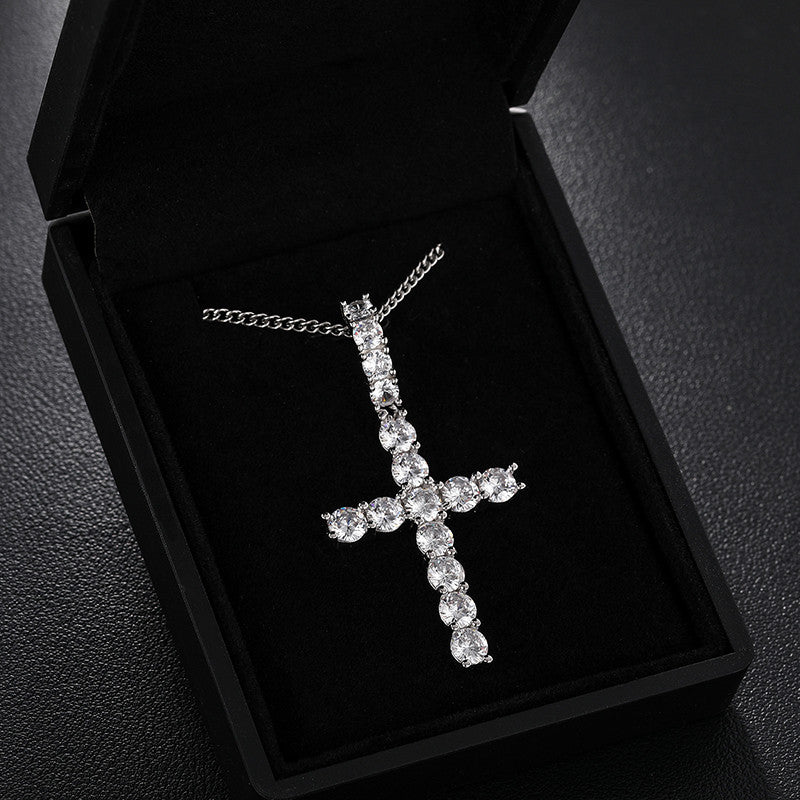 Mens Genuine Diamond Flooded Ice Cross Hip Hop Pendant Chain Necklace