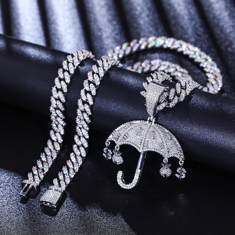 Rich Life | VVS Diamond Moissanite Raining Dollar Money Bag Umbrella Solid Silver Pendant