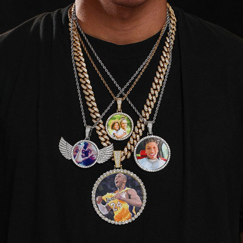 Custom 925 Solid VVS Lab Diamond Round Memory Photo Medallion Hip Hop Pendant Necklaces