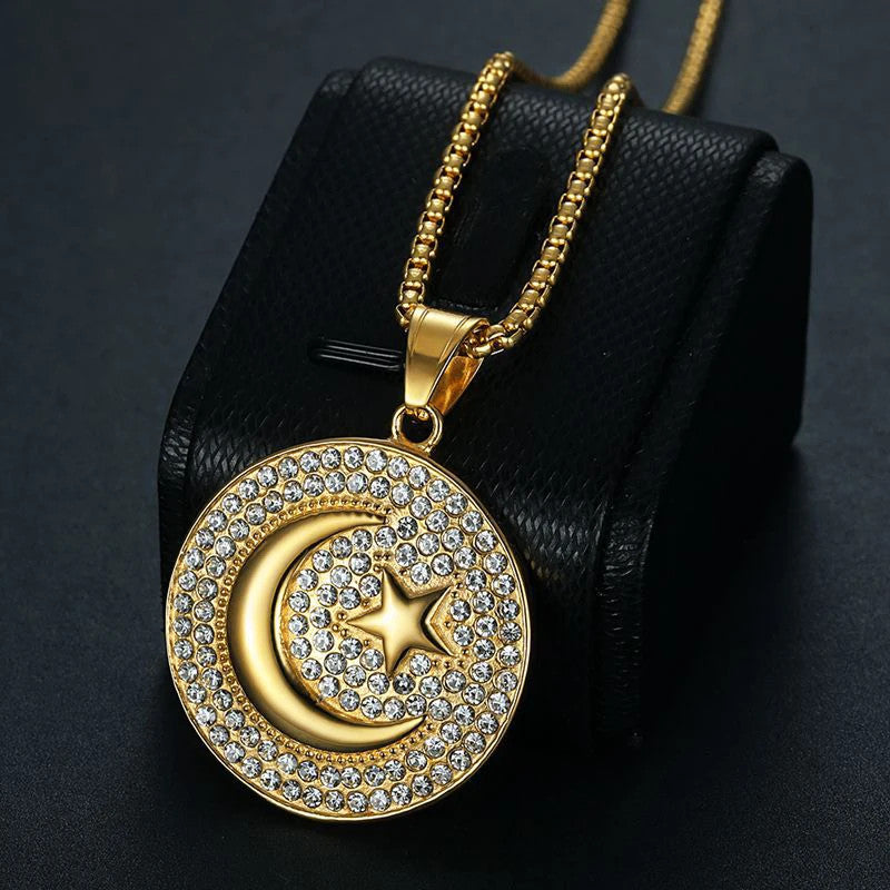 Eternal Crescent | Allah Diamond CZ Moon Star Hip Hop No Fade Stainless Steel Pendant