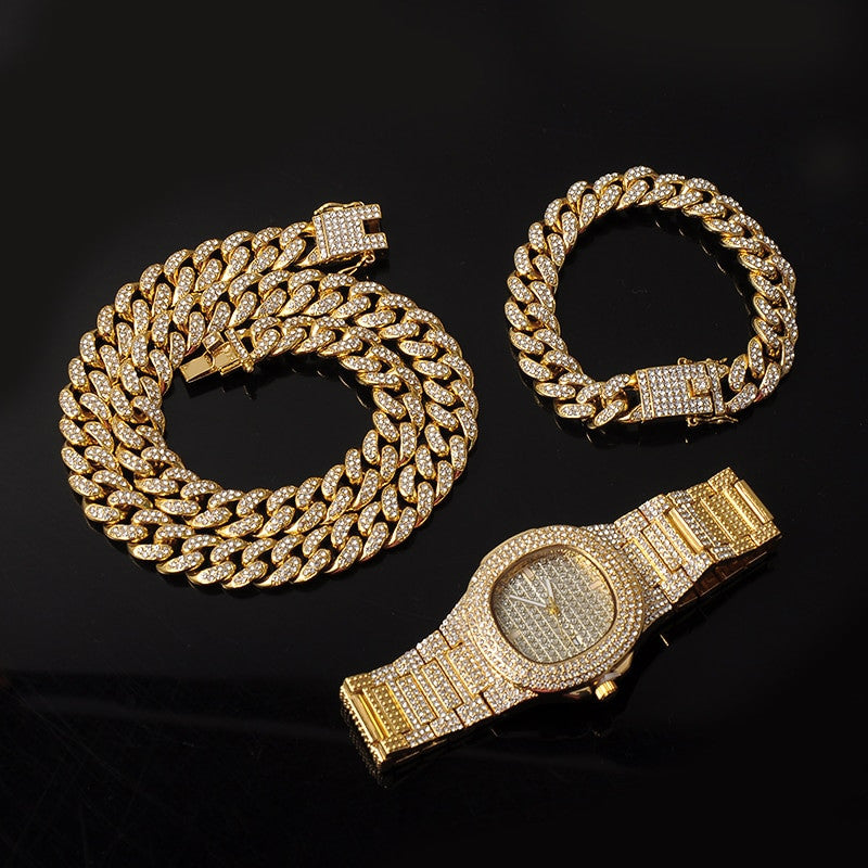 14k Gold 925 Silver Flooded Ice Miami Cuban Link Necklace Watch Bracelet Jewelry Set