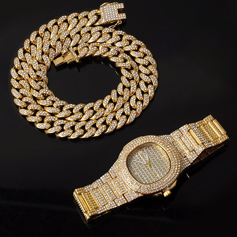 14k Gold 925 Silver Flooded Ice Miami Cuban Link Necklace Watch Bracelet Jewelry Set