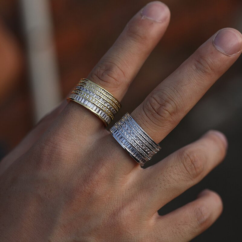 Mens 12mm Iced Baguette Multi Layered Drip Thick Pharaoh Blinged Out Rings
