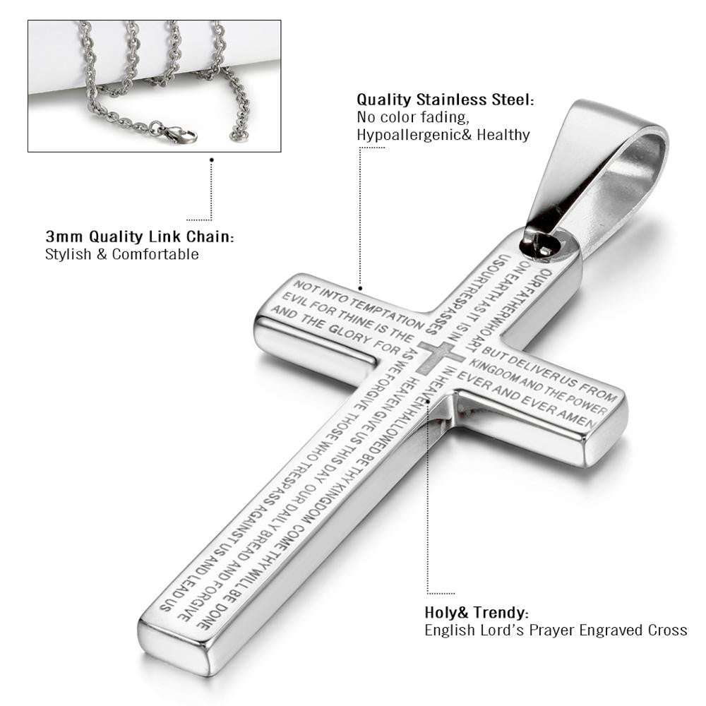 New No Fade Stainless Steel Lords Prayer Cross Pendant Chain Necklace