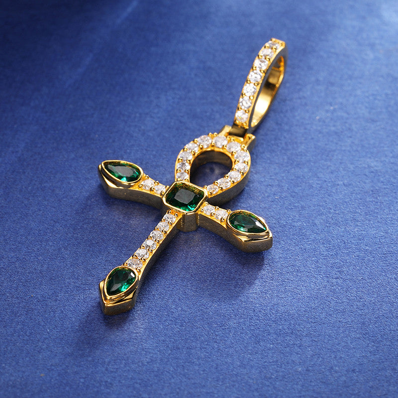 Iced Genuine Moissanite Diamond Solid 925 CZ Emerald Ancient African Ankh Cross Pendant