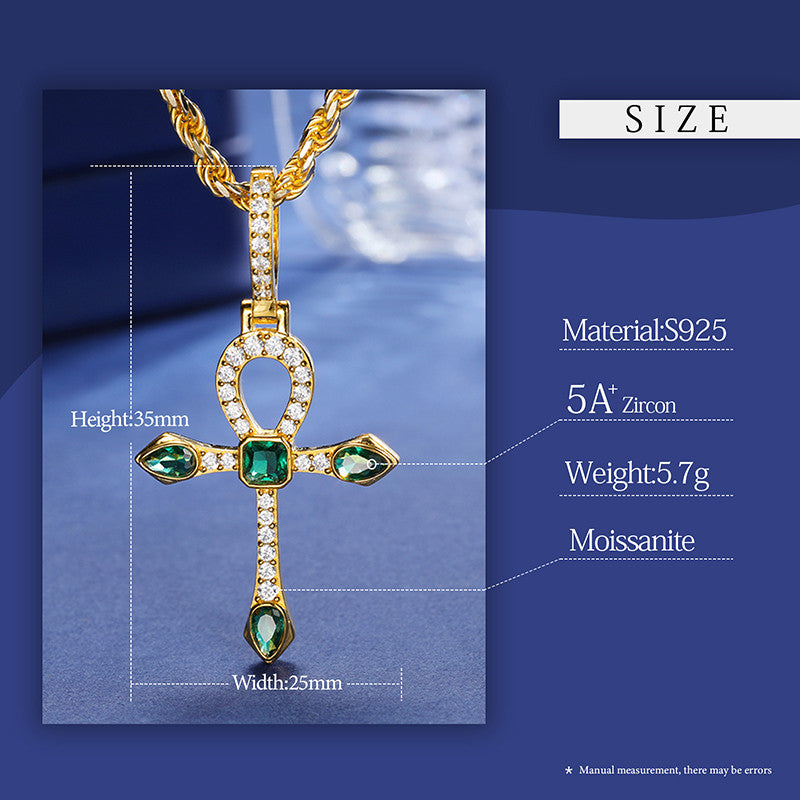 Iced Genuine Moissanite Diamond Solid 925 CZ Emerald Ancient African Ankh Cross Pendant