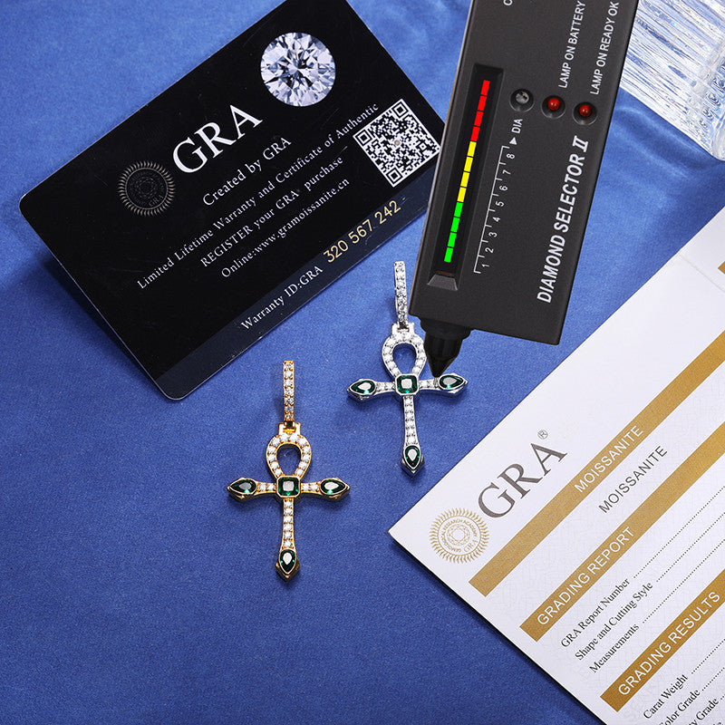 Iced Genuine Moissanite Diamond Solid 925 CZ Emerald Ancient African Ankh Cross Pendant