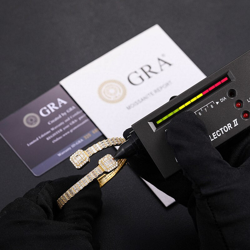 Genuine VVS Moissanite Diamond Hip Hop Baguette Bangle Iced Blinged Out Bracelets