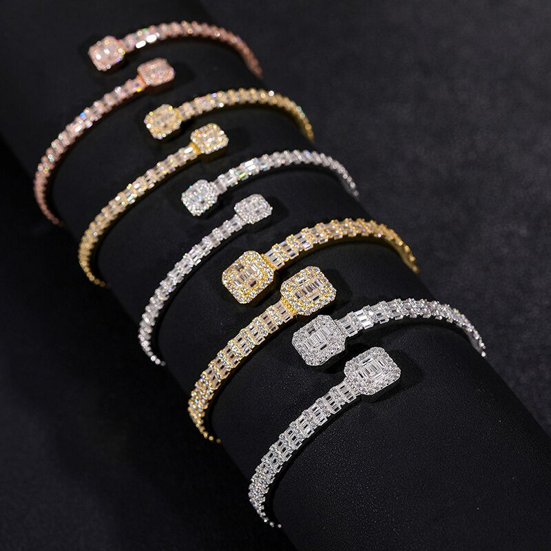 Genuine VVS Moissanite Diamond Hip Hop Baguette Bangle Iced Blinged Out Bracelets
