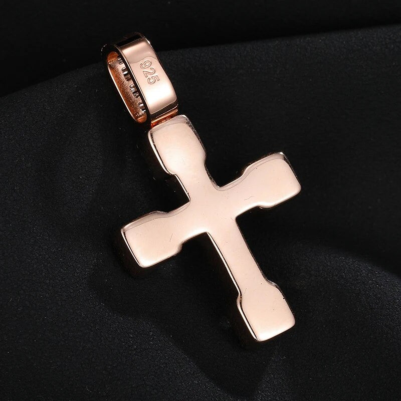Mens Baguette Diamond Block Cross 925 Sterling Silver Hip Hop Pendant
