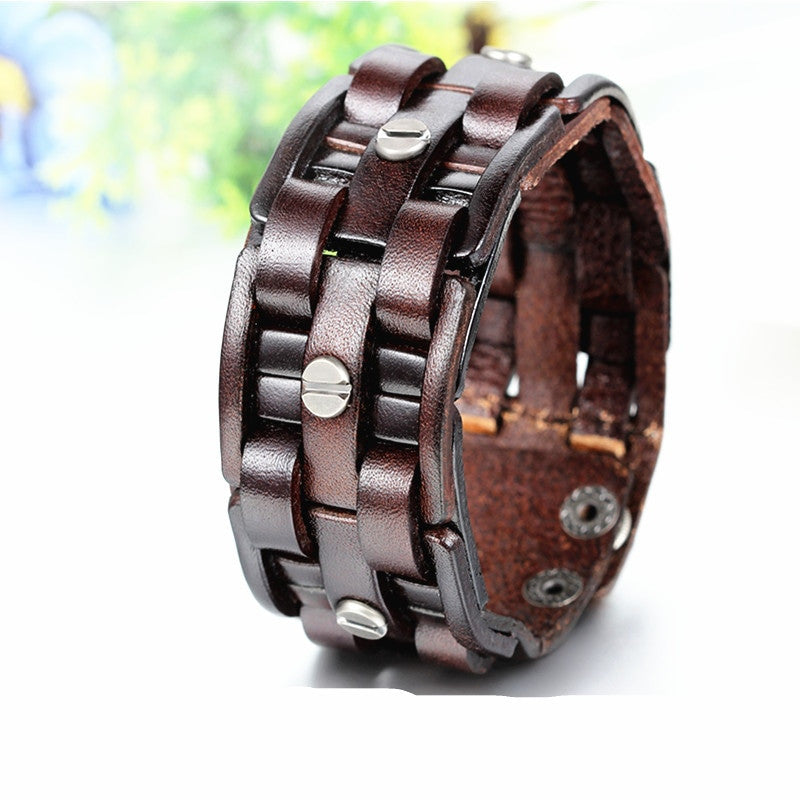 Mens Wide Pharaoh Cuff Street Wear Brown Leather Bracelets