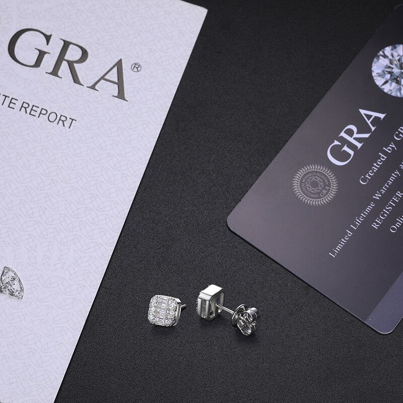 Baguette & Round Prong Set Genuine VVS Diamond Moissanite Solid Silver Bling Earrings