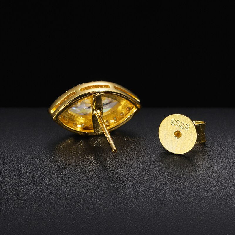 Solid 925 Sterling Silver Genuine VVS Diamond Stone Evil Eye Iced Blinged Out Earrings