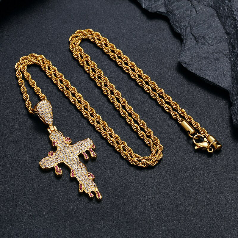 Mens Blood Dripping 18k Gold 925 Silver Hip Hop Street Wear Cross Pendant