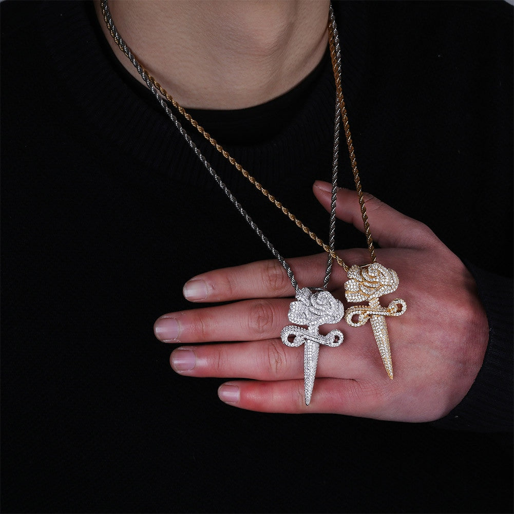 Love and War Flooded Ice Rose Flower Dagger 14k Gold 925 Silver Hip Hop Pendant Chain Necklace
