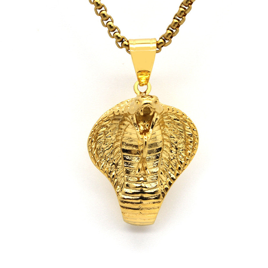 Mens No Fade 14k Gold Over Stainless Steel King Cobra Snake Pendant Chain Necklace