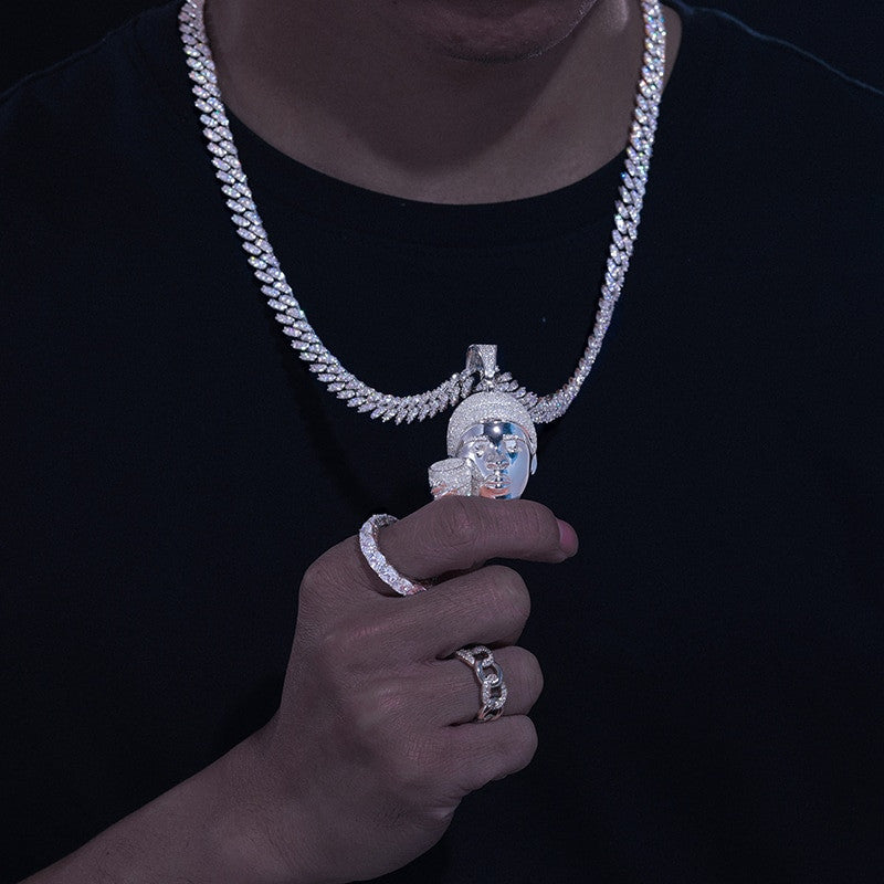 Drank in My Cup Head Hip Hop Chain Solid Sterling Silver Lab Diamond Pendant
